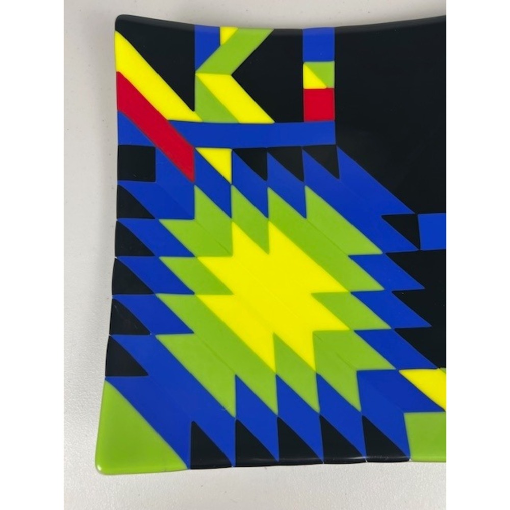 Handcrafted Fused Glass Square Console Abstract Geometric Black Blue Yellow 12in - Picture 3 of 10